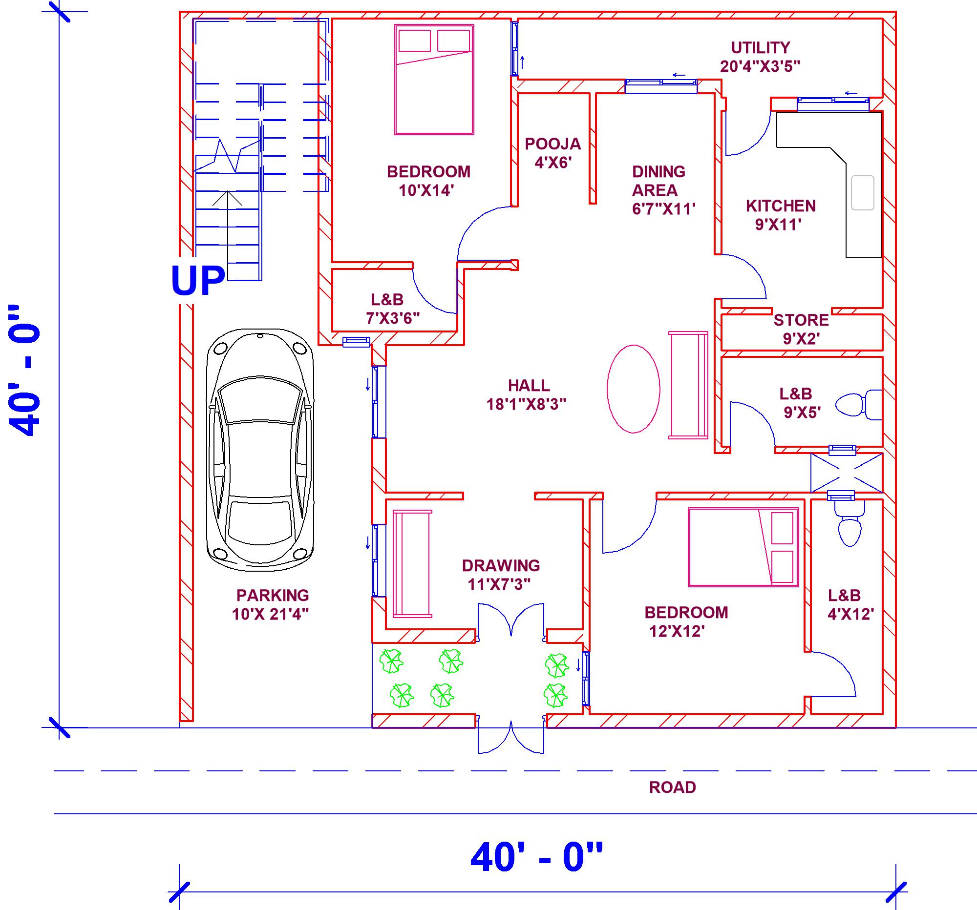 40'x40' west facing house plan.