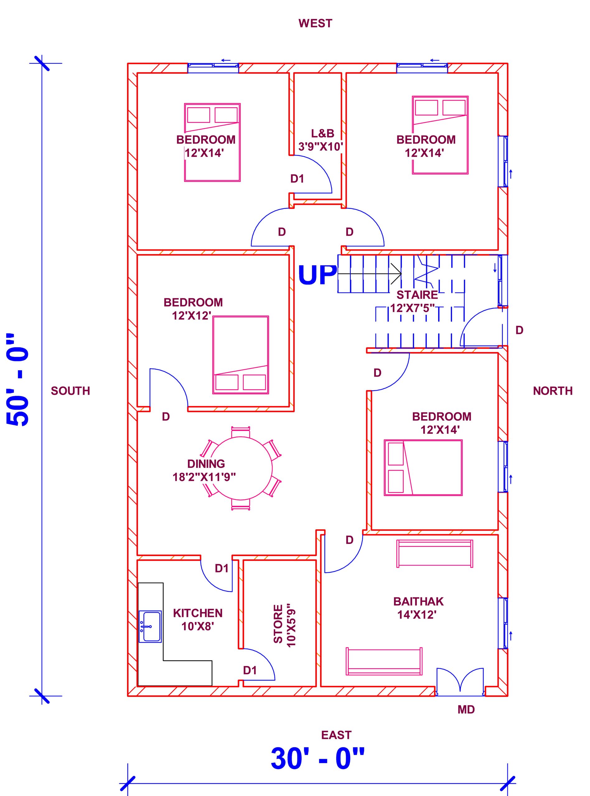 50'x30' house plan