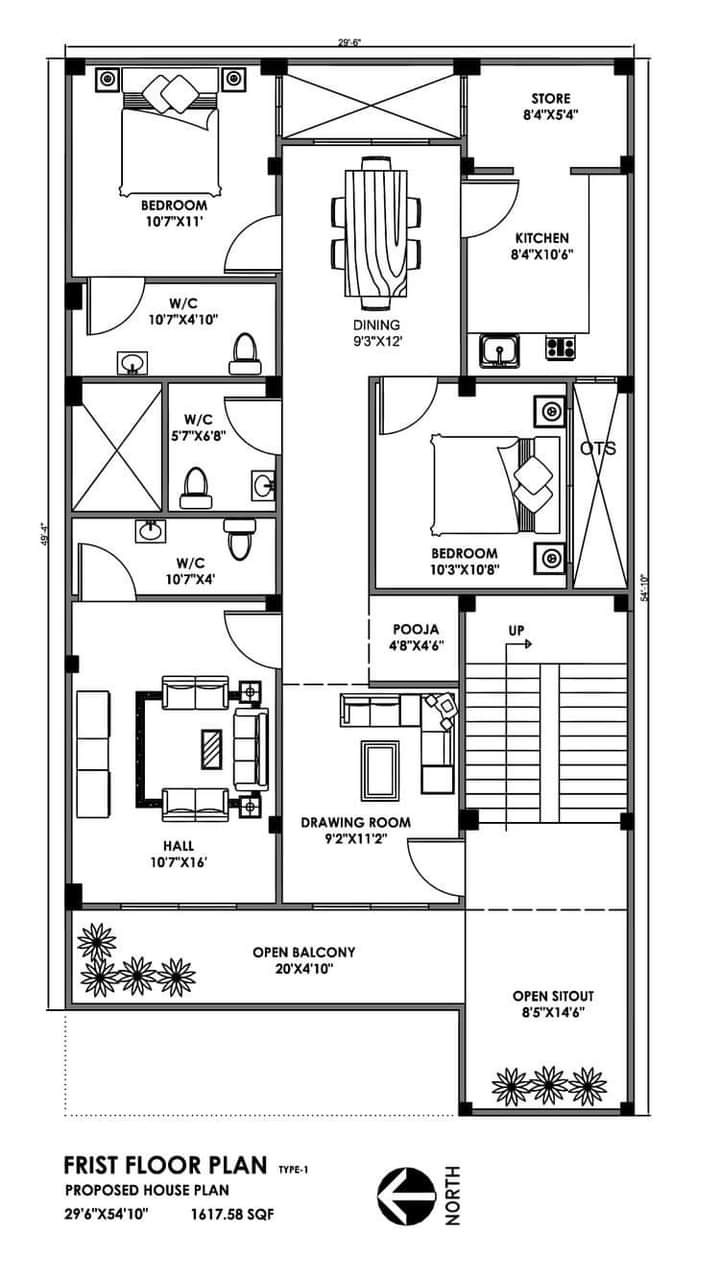 29'6"x54'10" House Plan